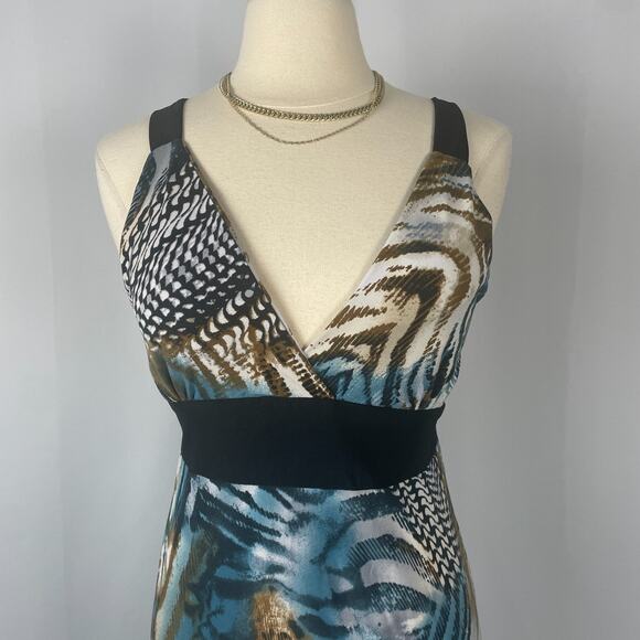 Y2K Midi Dress Size Medium Blue Brown Animal Print Sleeveless Babydoll Stretch - Picture 3 of 15